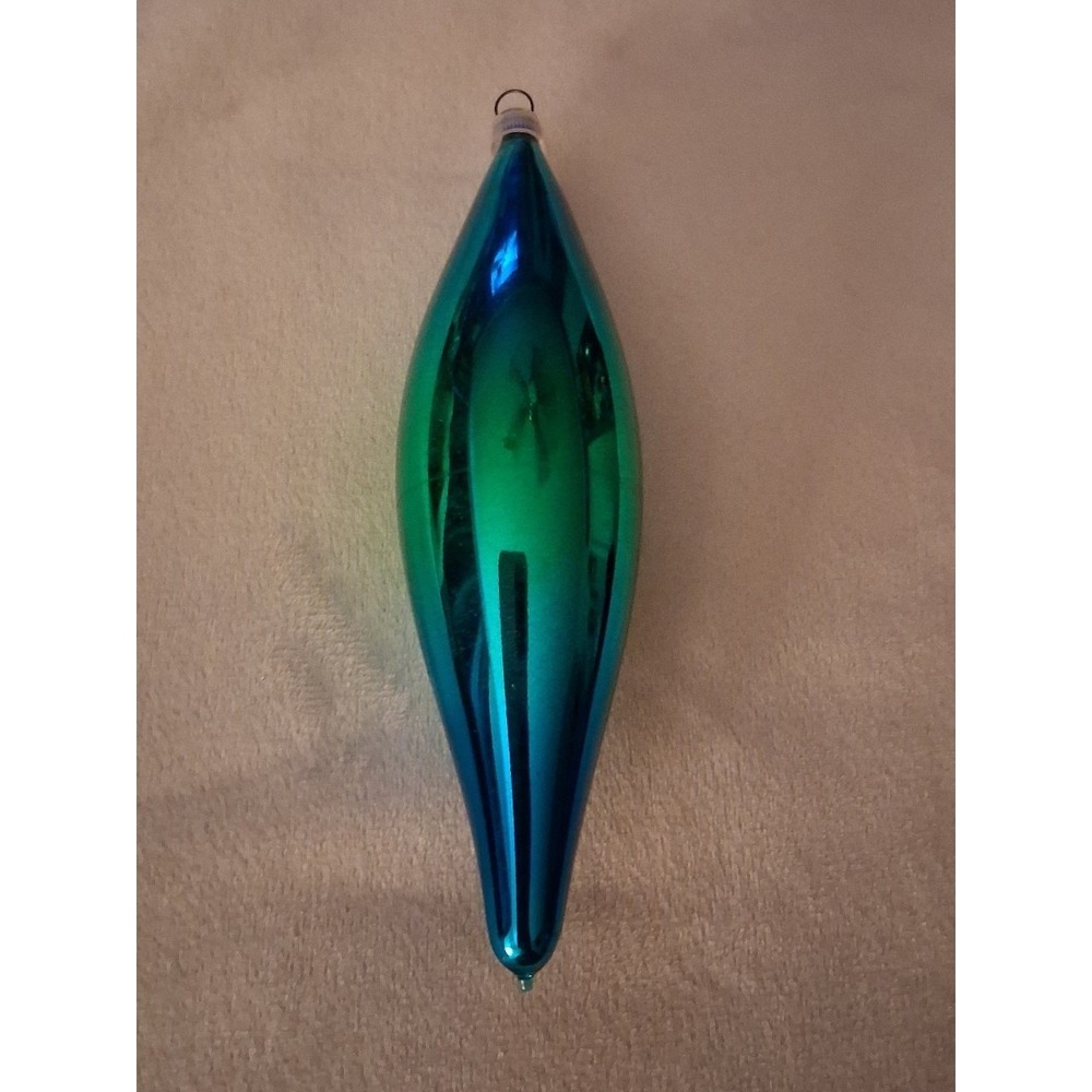 Vintage Made in Austria Glass Christmas Ornament 6" Teal Blue Green Finial